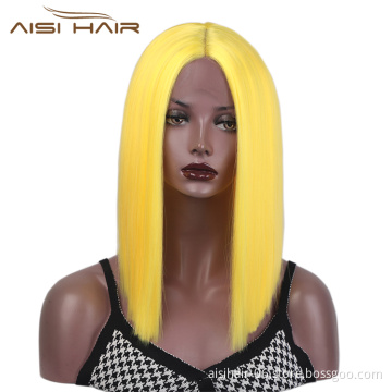 Aisi Hair Medium Long Yellow Wig Cosplay Front Lace Wig Middle Part Straight Silky Synthetic Lace Frontal Hair Wigs For Women